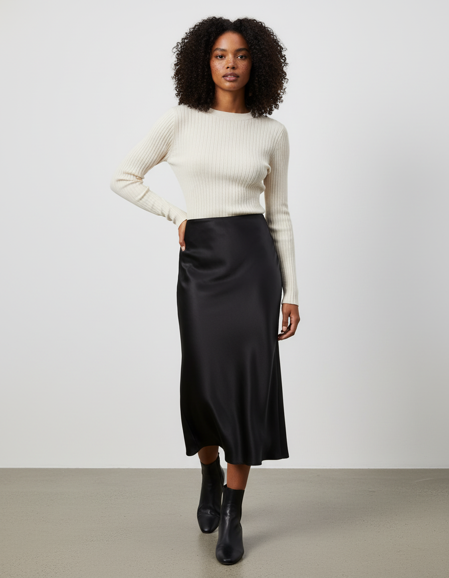 Jupe Longue Noire Satinée Élégante Soirée