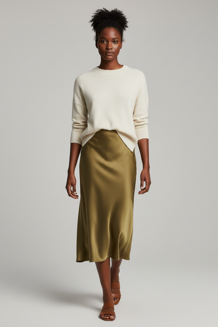 Jupe Longue Vert Olive Satin Fluide