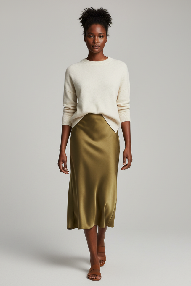 Jupe Longue Vert Olive Satin Fluide