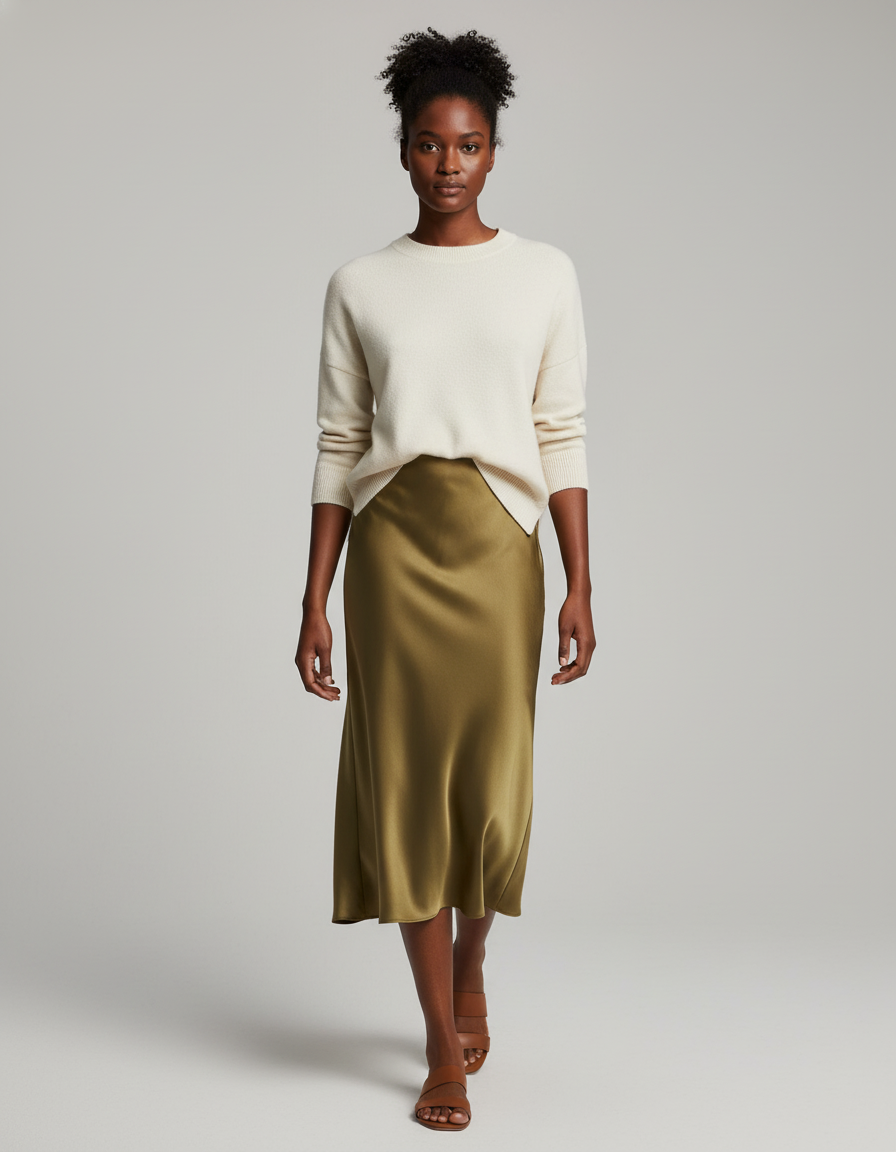 Jupe Longue Vert Olive Satin Fluide