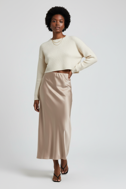 Jupe Longue Satin Beige Fluide