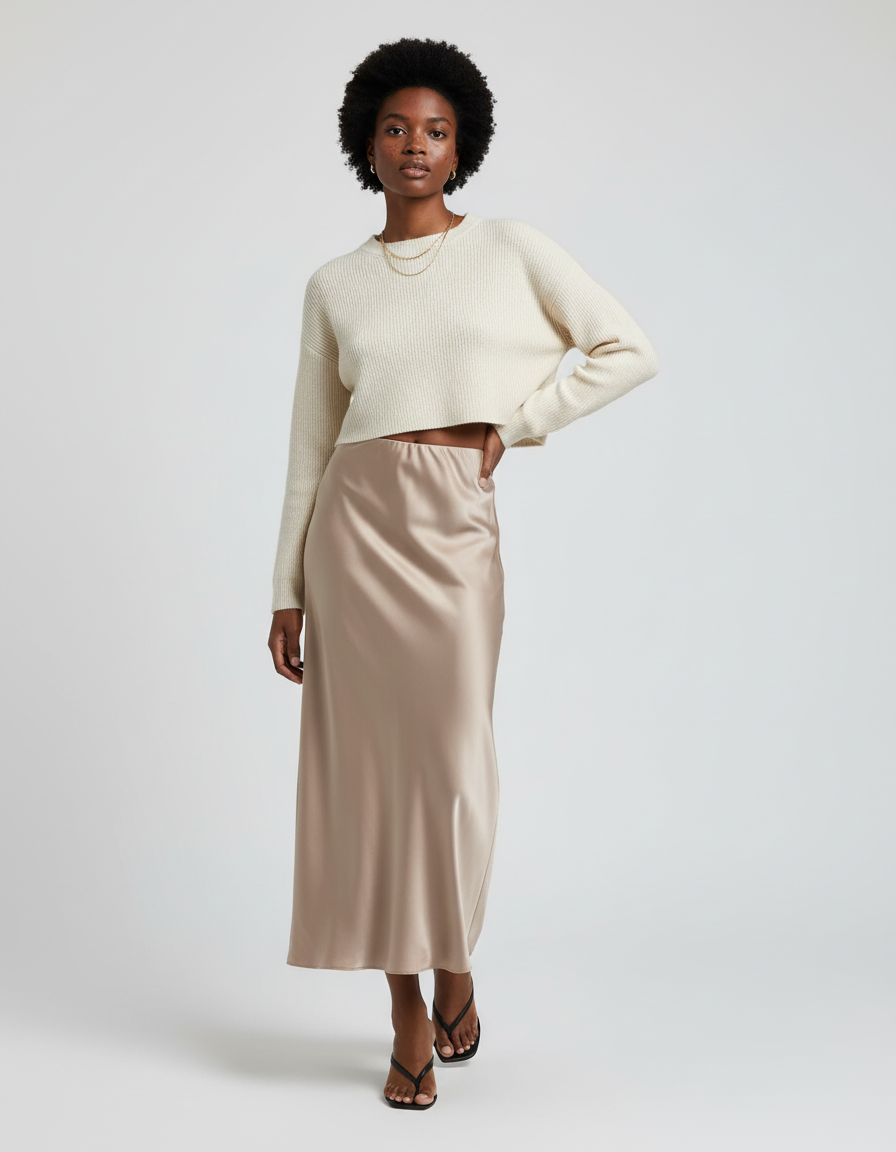 Jupe Longue Satin Beige Fluide