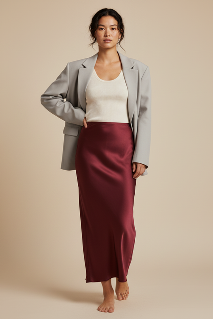 Jupe Longue Bordeaux Satin Élégante