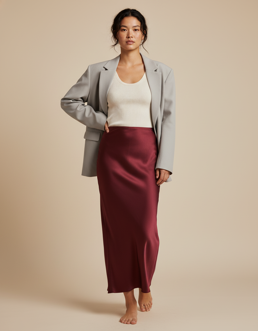 Jupe Longue Bordeaux Satin Élégante