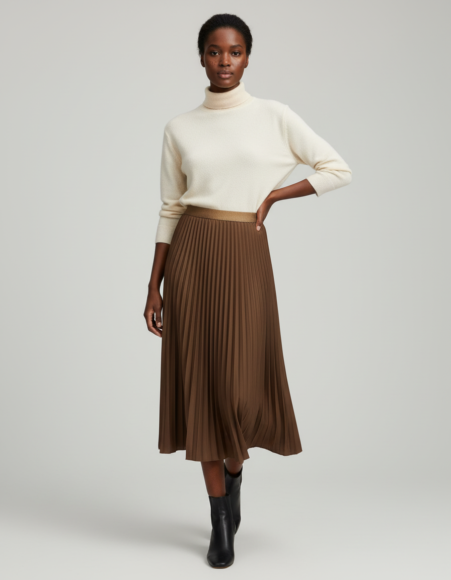 Jupe Plissée Marron Longue
