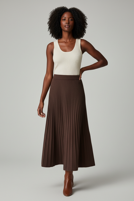 Jupe Longue Marron Tricotée Plissée