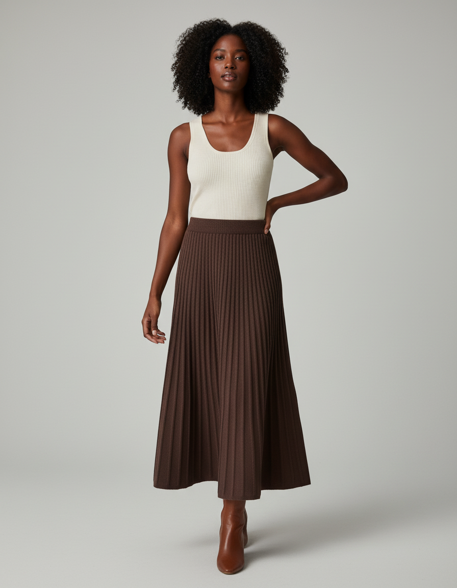 Jupe Longue Marron Tricotée Plissée