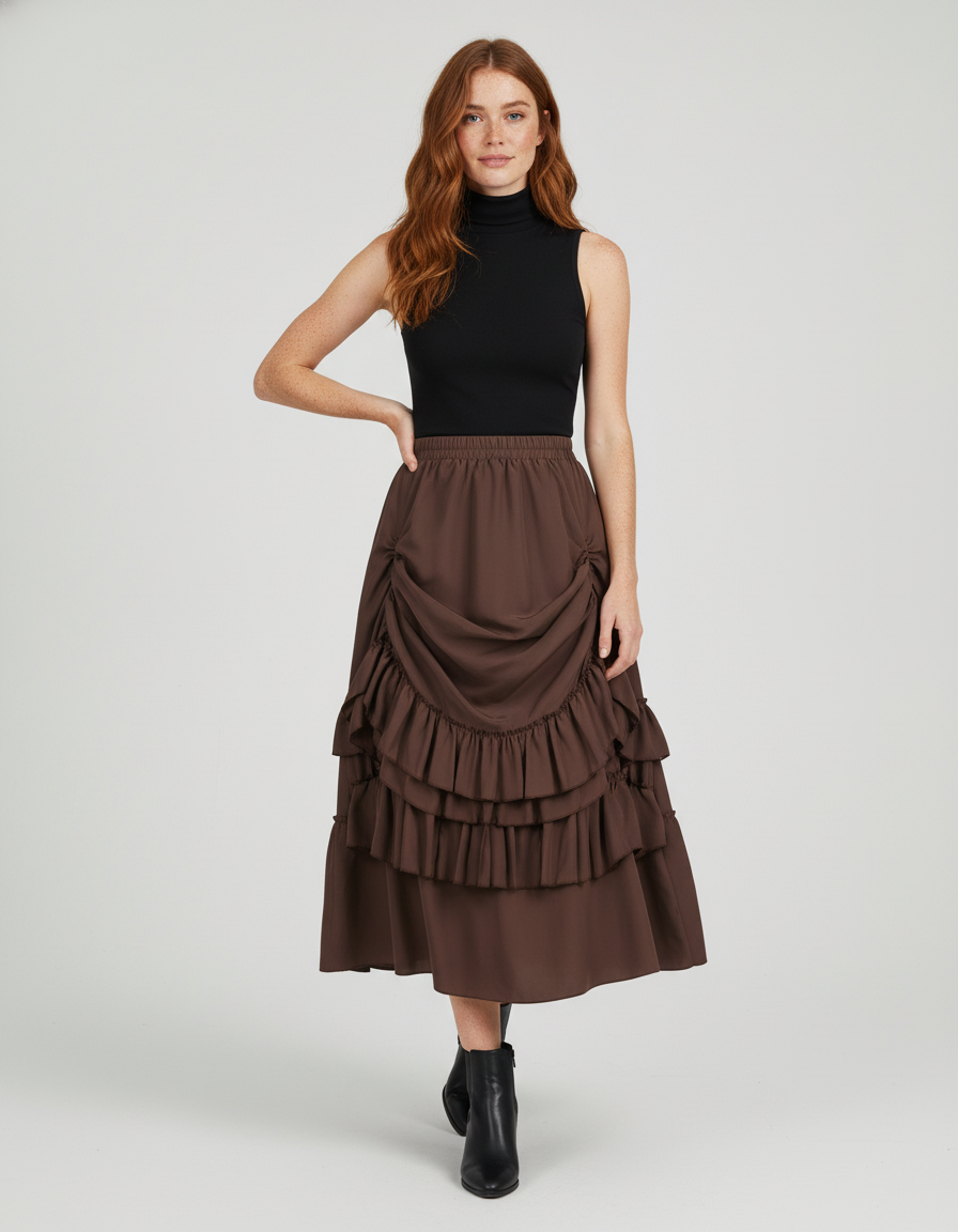 Jupe Longue Marron Volants Vintage
