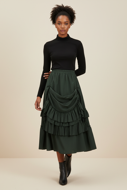 Jupe Longue Verte Chic À Volants