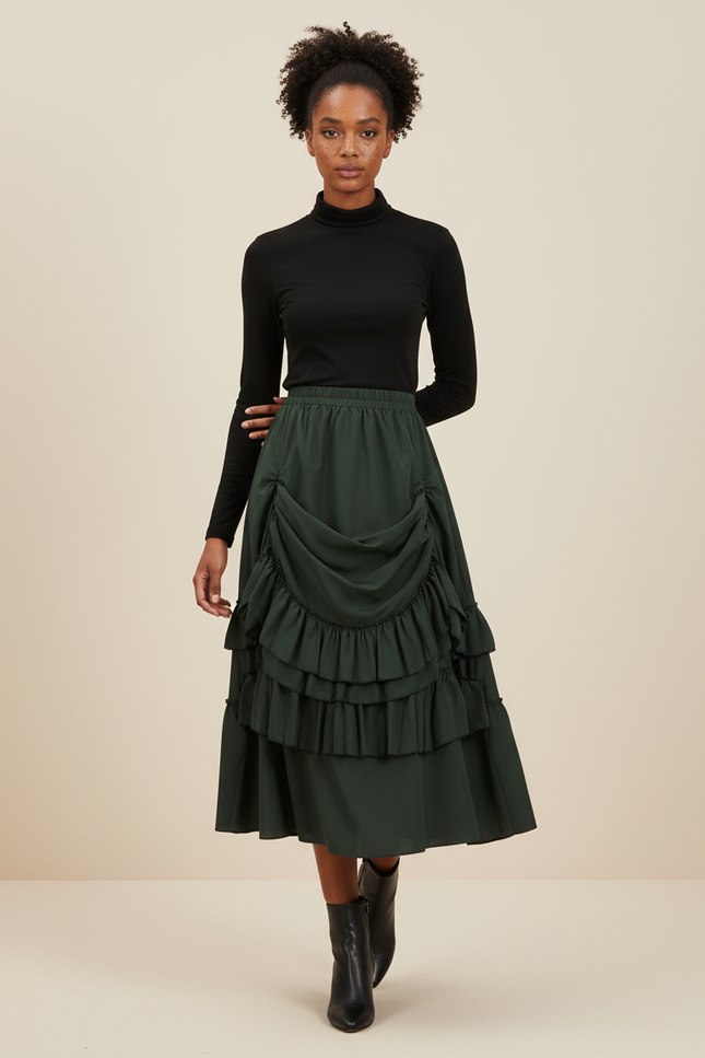 Jupe Longue Verte Chic À Volants