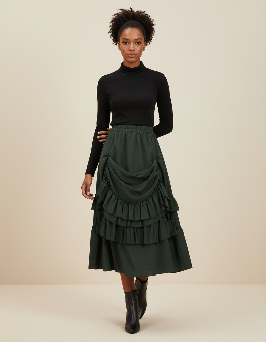 Jupe Longue Verte Chic À Volants