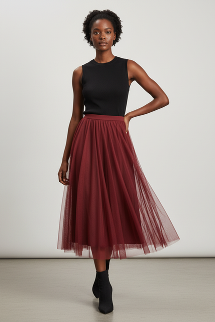 Jupe Longue Tulle Plissée Bordeaux