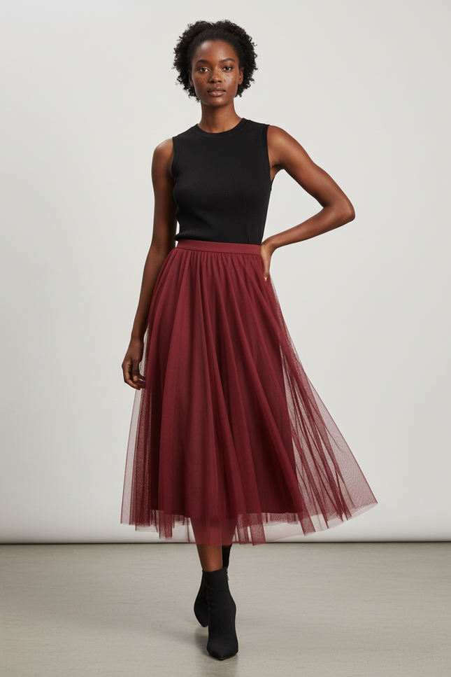 Jupe Longue Tulle Plissée Bordeaux