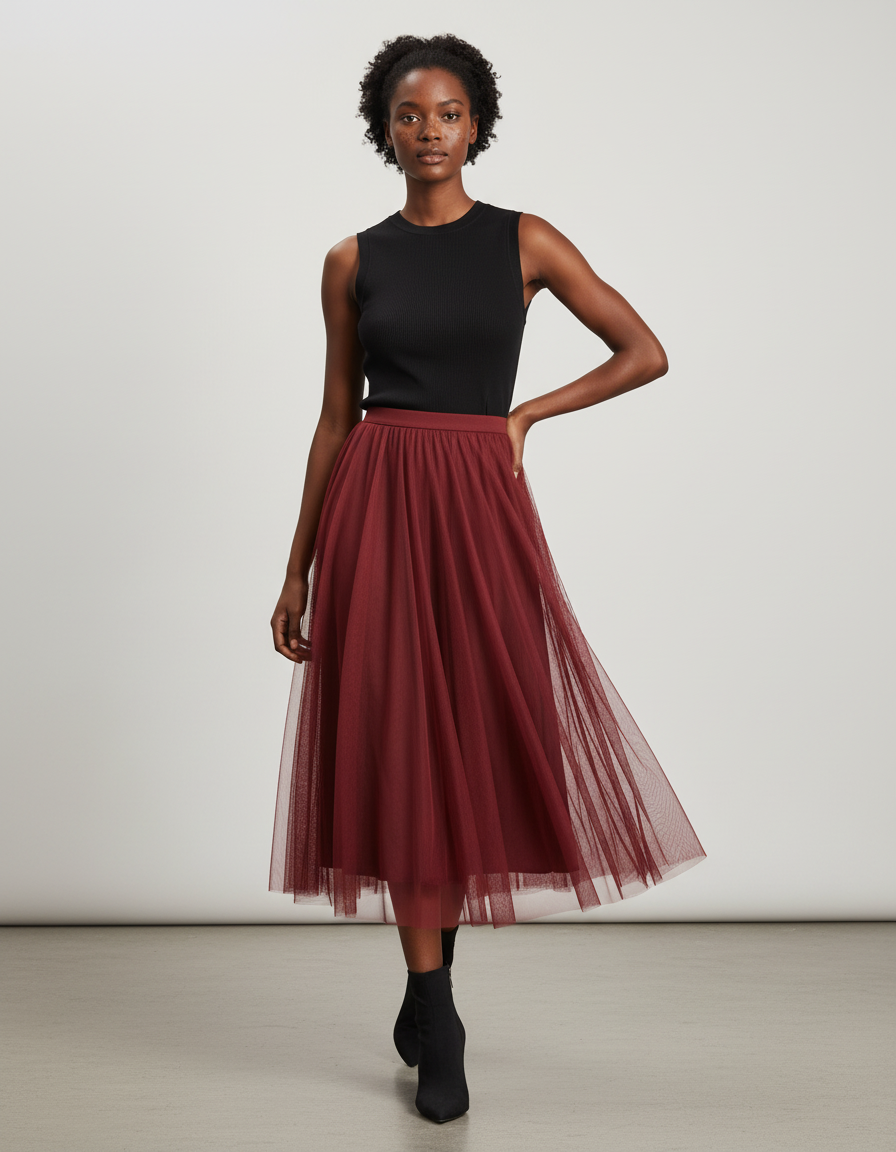 Jupe Longue Tulle Plissée Bordeaux