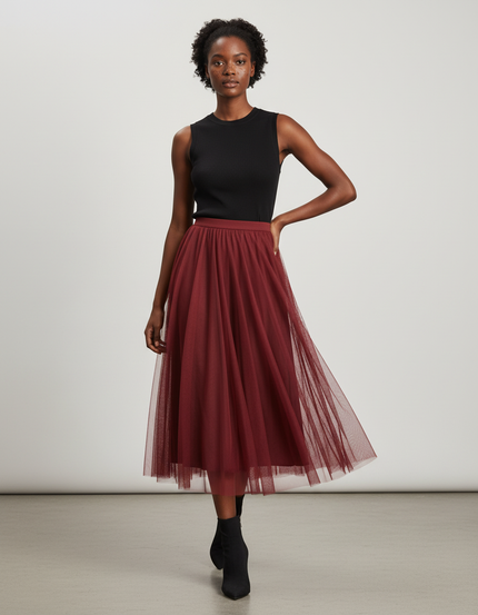 Jupe Longue Tulle Plissée Bordeaux