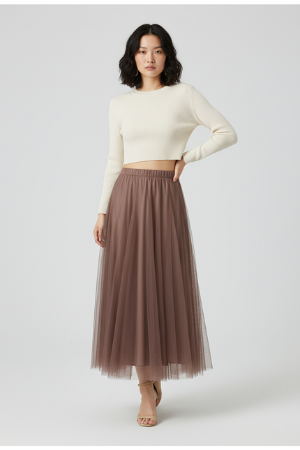 Jupe Longue Tulle Marron Fluide