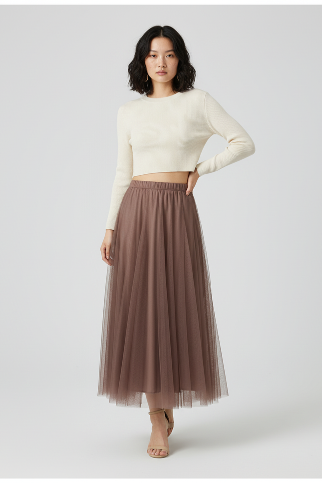 Jupe Longue Tulle Marron Fluide