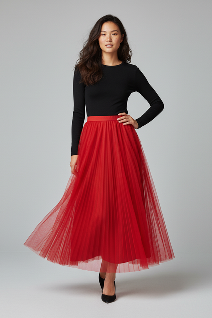 Jupe Longue Rouge Tulle Plissée