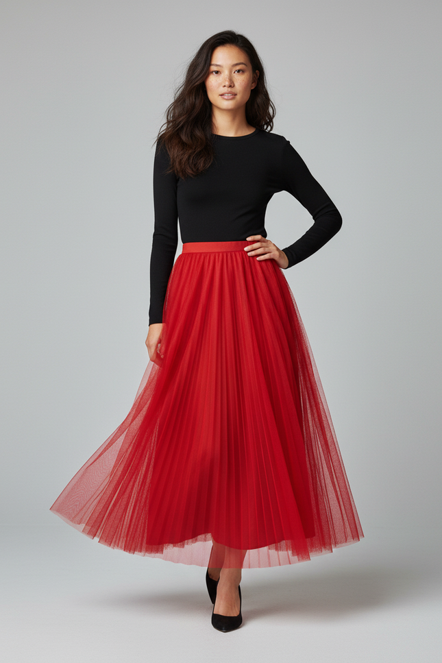 Jupe Longue Rouge Tulle Plissée