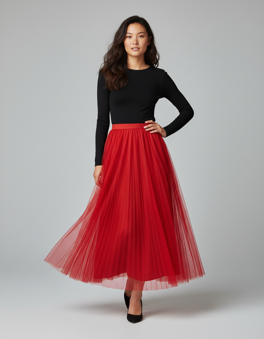 Jupe Longue Rouge Tulle Plissée