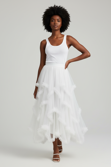 Jupe Longue Blanche Tulle À Volants Élégante