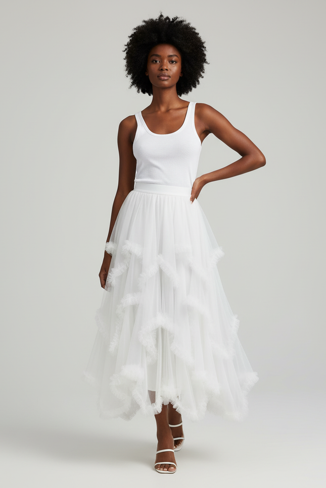 Jupe Longue Blanche Tulle À Volants Élégante