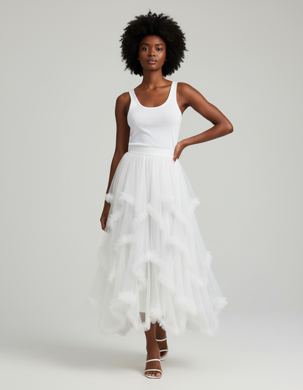 Jupe Longue Blanche Tulle À Volants Élégante