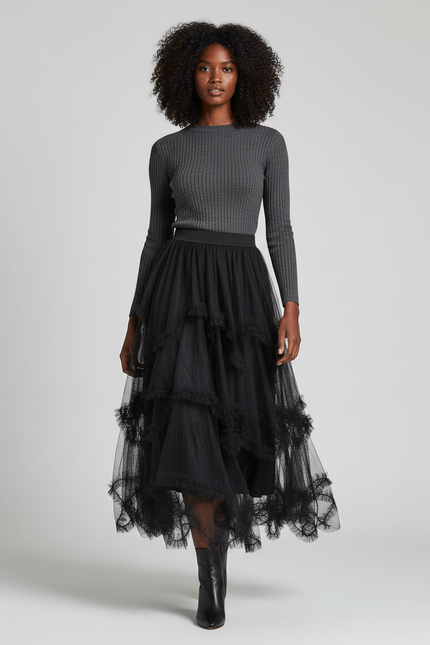 Jupe Longue Noire À Volants Chic