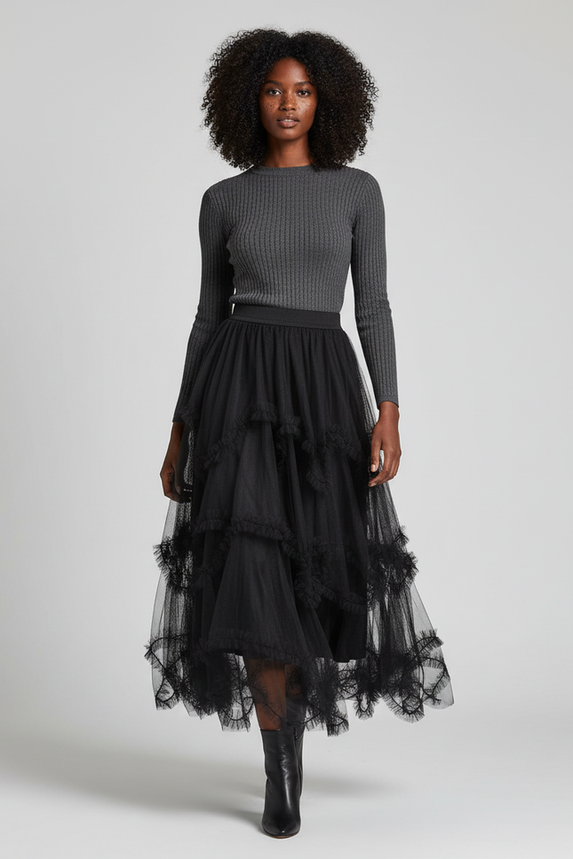 Jupe Longue Noire À Volants Chic