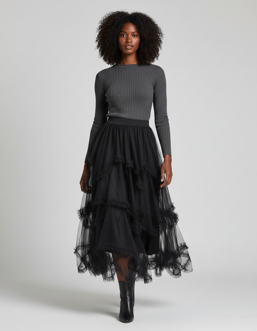 Jupe Longue Noire À Volants Chic