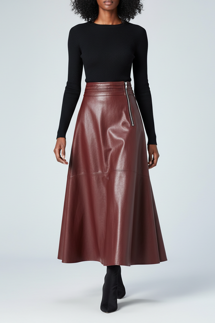 Jupe Longue Cuir Bordeaux