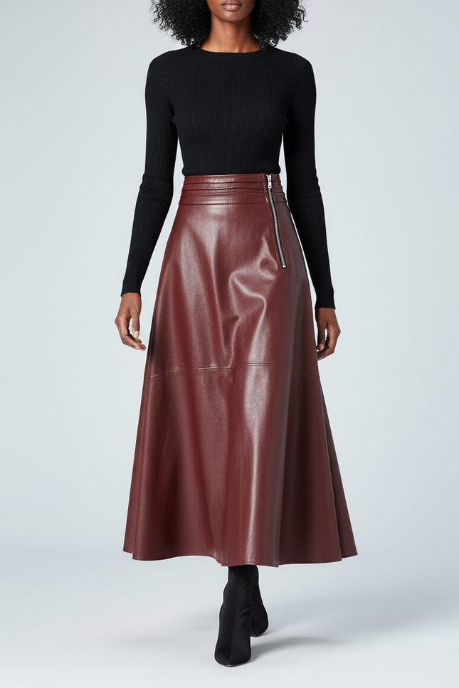 Jupe Longue Cuir Bordeaux
