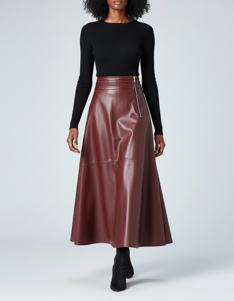 Jupe Longue Cuir Bordeaux