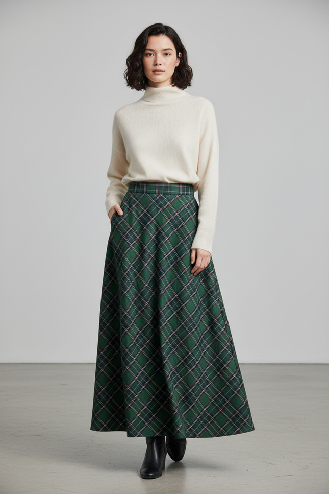 Jupe Longue Verte À Carreaux Chic