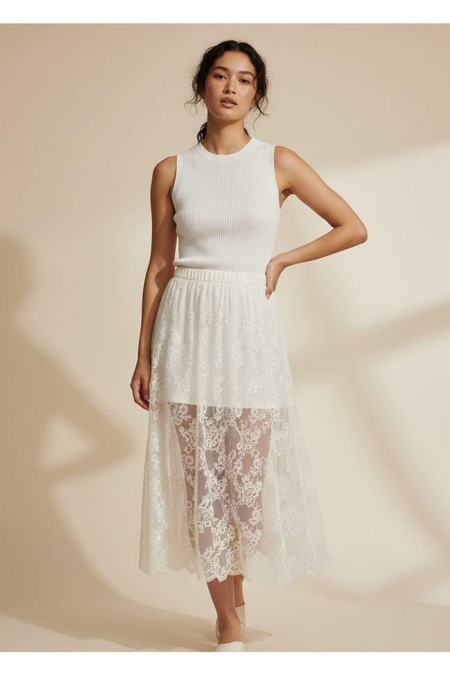 Jupe Longue Dentelle Beige