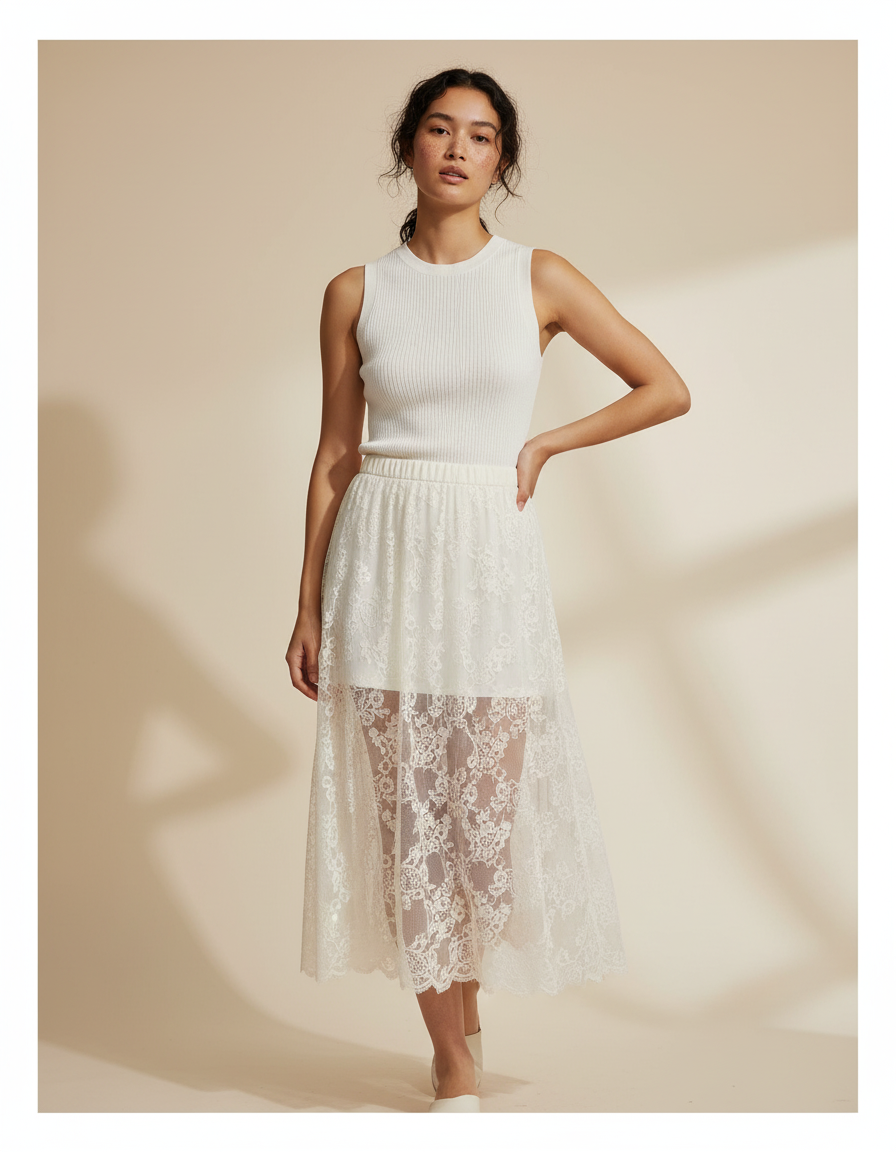 Jupe Longue Dentelle Beige