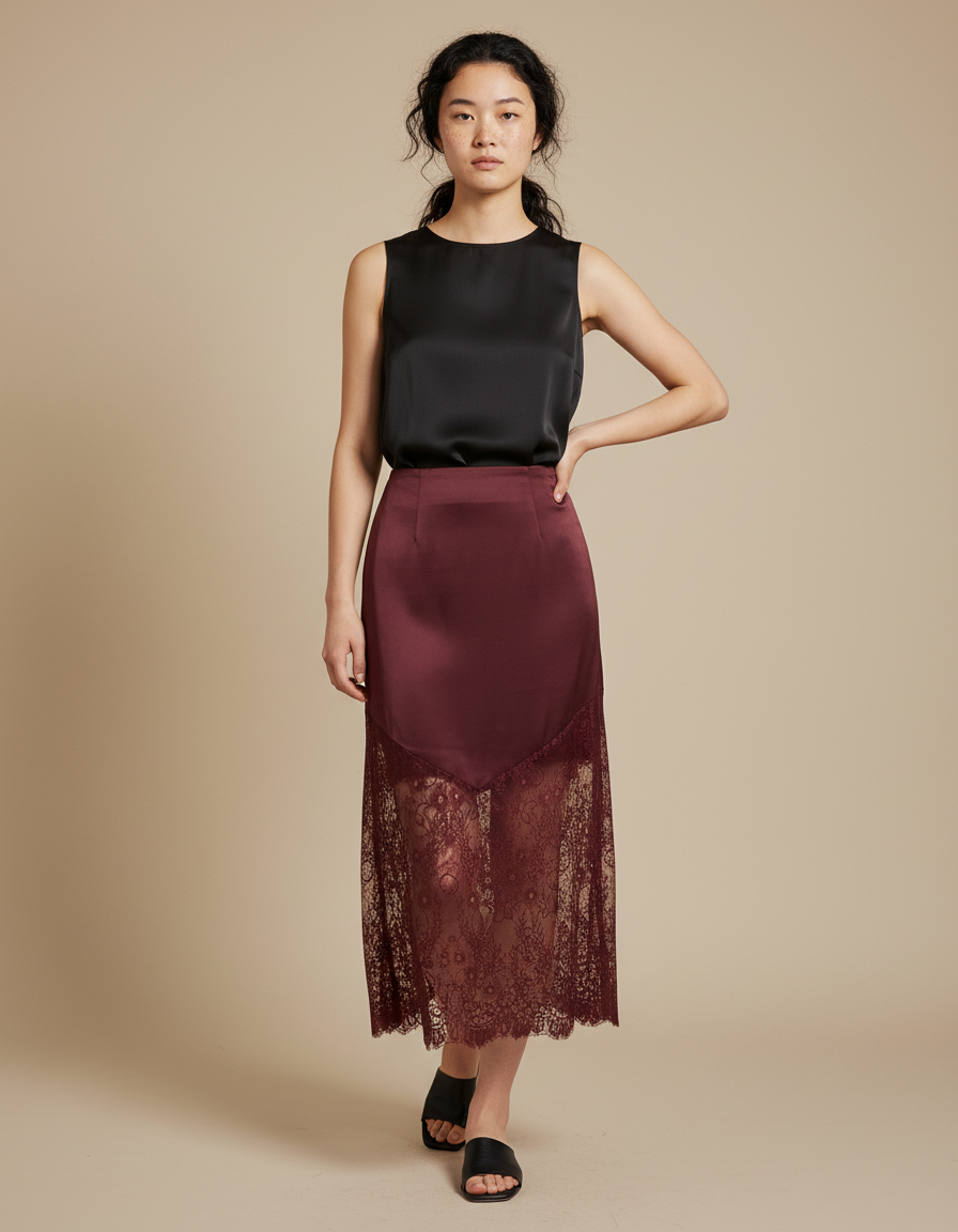 Jupe Longue Bordeaux Dentelle Élégante