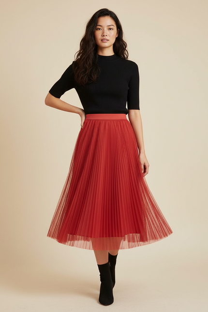 Jupe Longue Rouge Tulle Plissée Femme