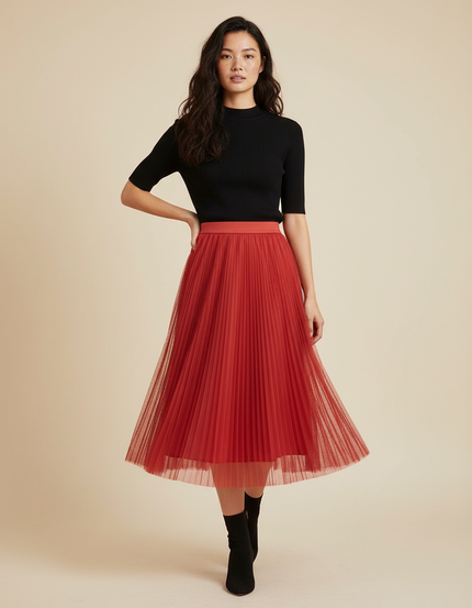 Jupe Longue Rouge Tulle Plissée Femme