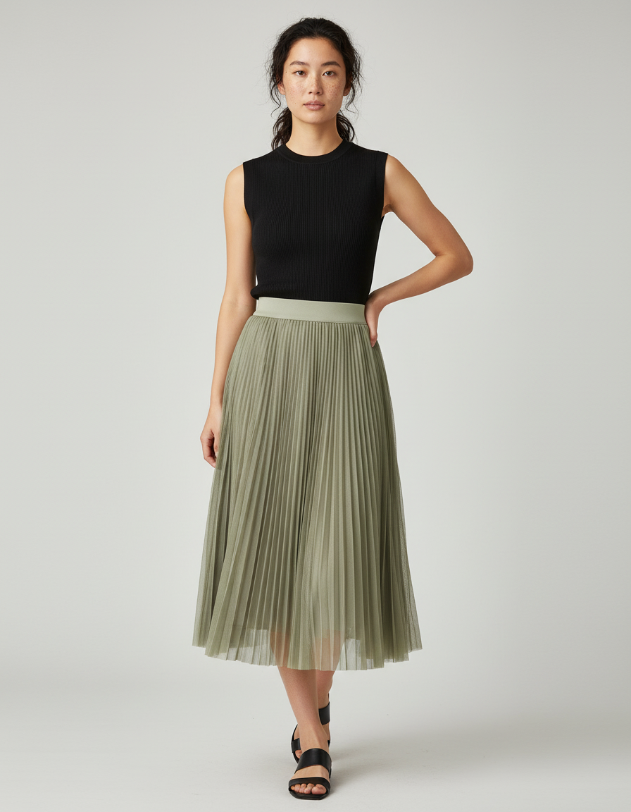 Jupe Longue Vert Sauge Plissée Élégante