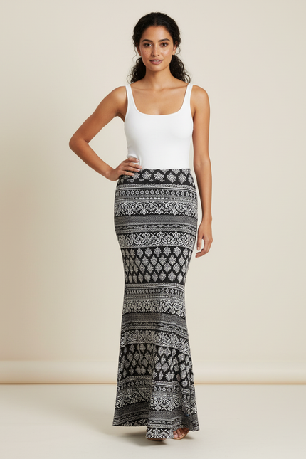 Jupe Longue Motif Ethnique Bohème Noir Et Blanc