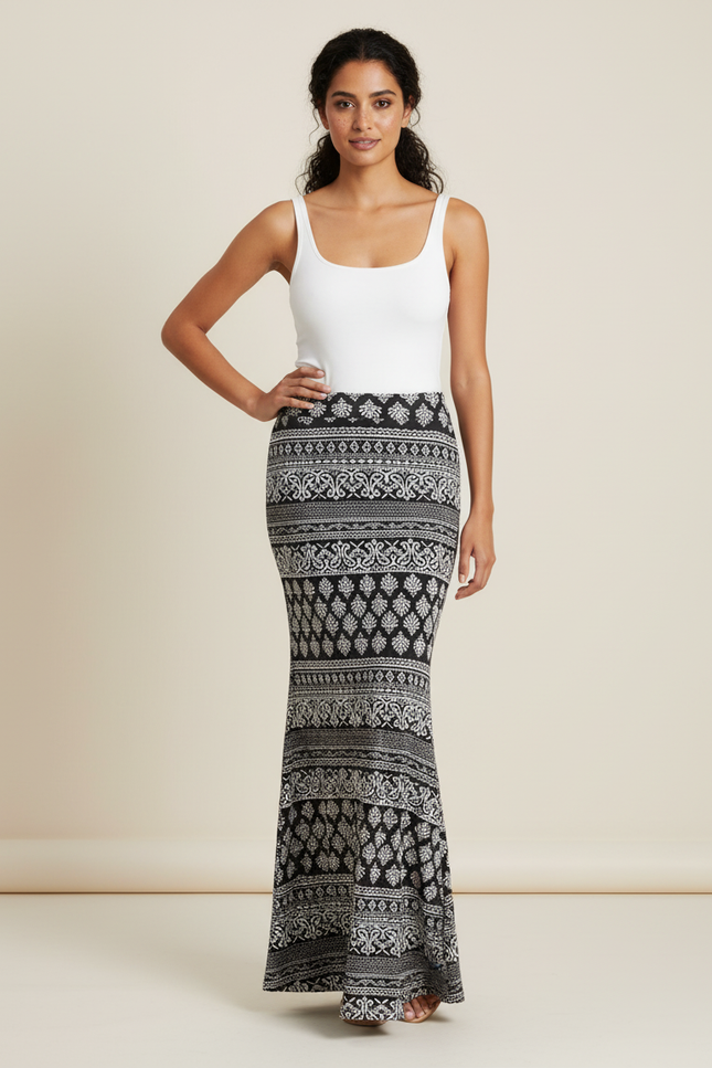 Jupe Longue Motif Ethnique Bohème Noir Et Blanc