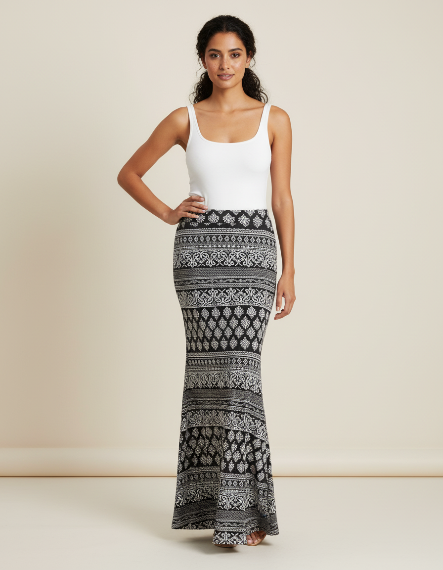 Jupe Longue Motif Ethnique Bohème Noir Et Blanc