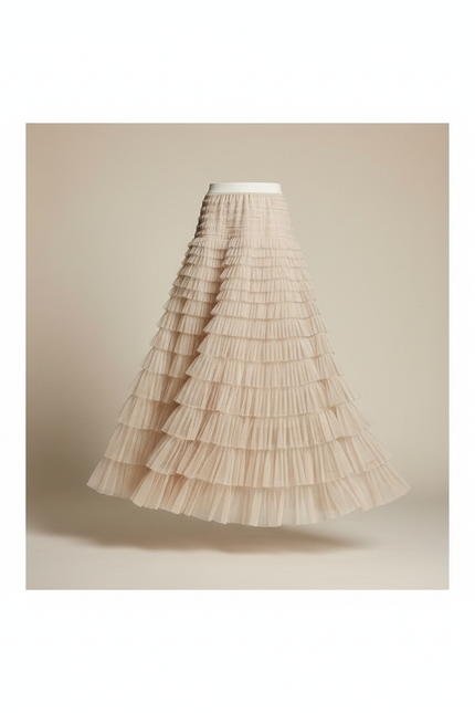 Jupe Longue Tulle Étagée Beige Élégante