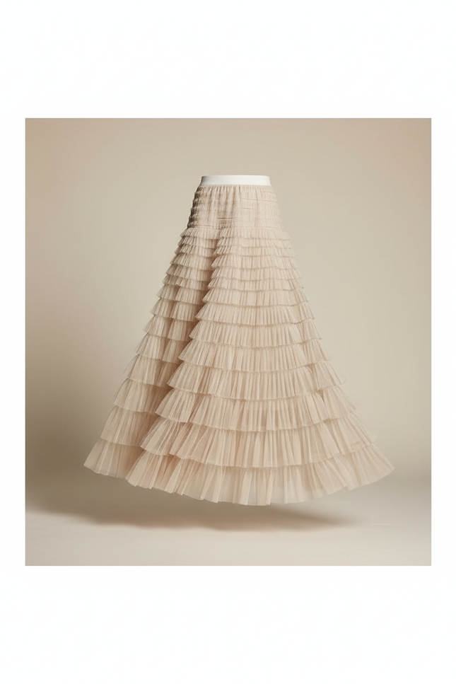 Jupe Longue Tulle Étagée Beige Élégante