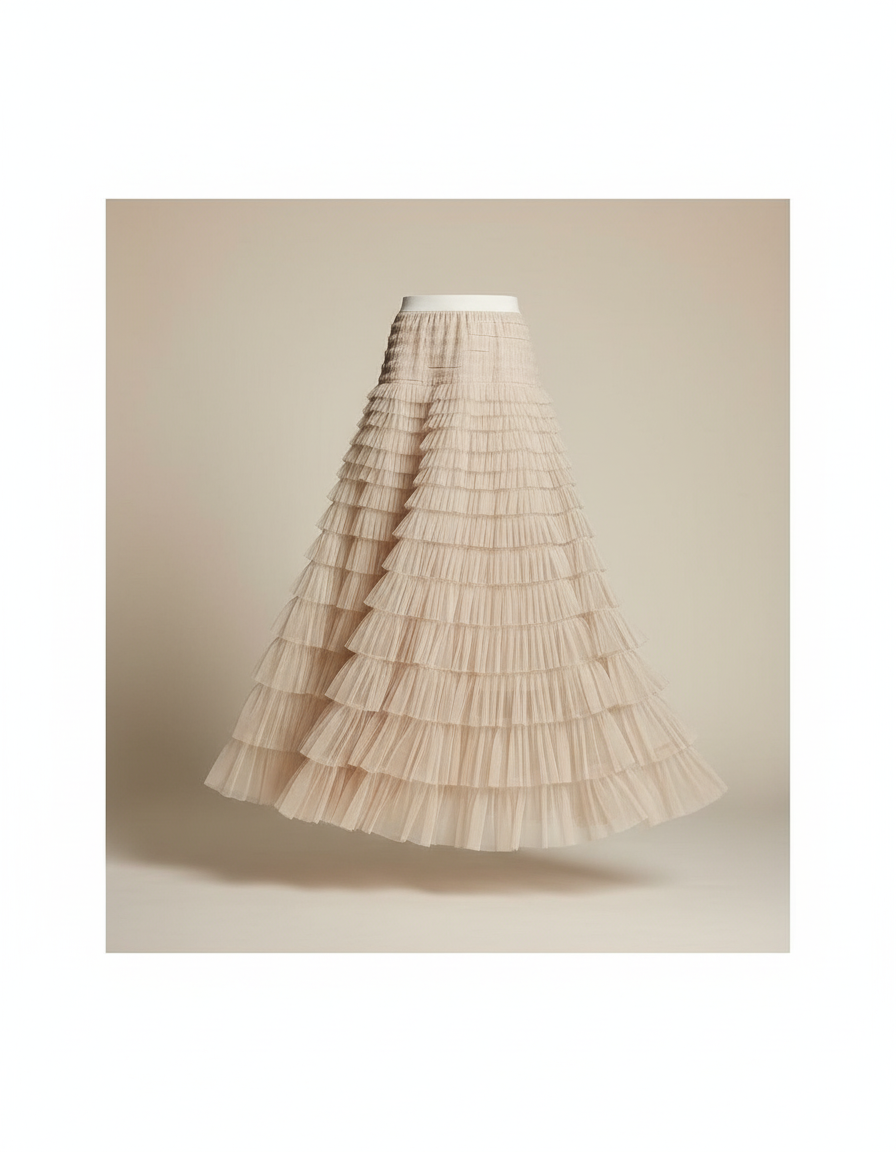 Jupe Longue Tulle Étagée Beige Élégante