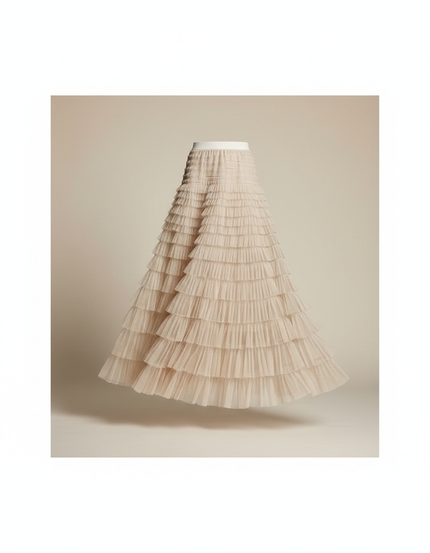 Jupe Longue Tulle Étagée Beige Élégante
