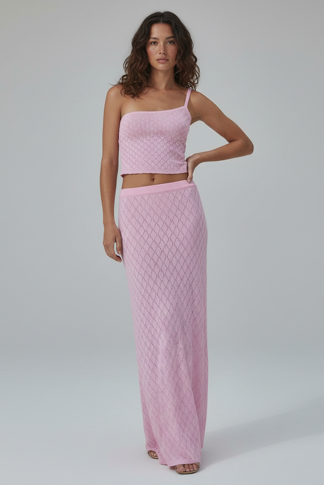 Jupe Longue Rose Maille Ajourée Élégante