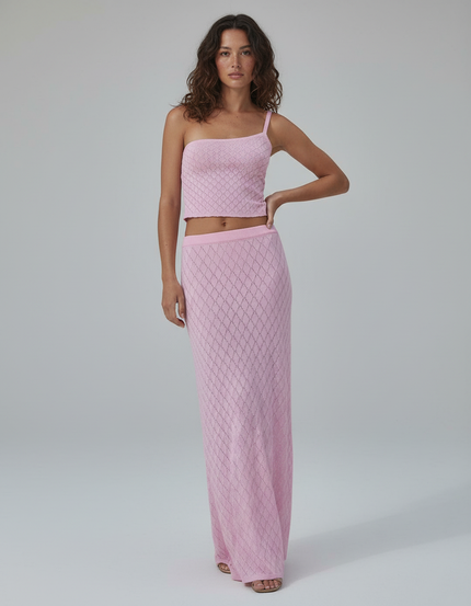 Jupe Longue Rose Maille Ajourée Élégante