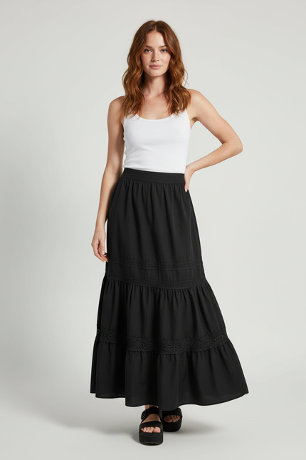Jupe Longue Noir À Volants Bohème
